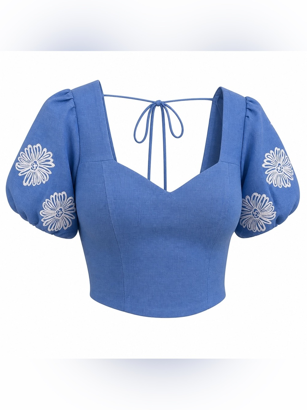 NWT Milk & Honey Blue Puff-Sleeve Embroidered Crop Top, Size L